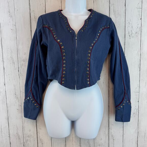 VTG Sugar Ranch Blue Cotton Denim Stud Full Zip Western Crop Jacket Size Small - Picture 1 of 16